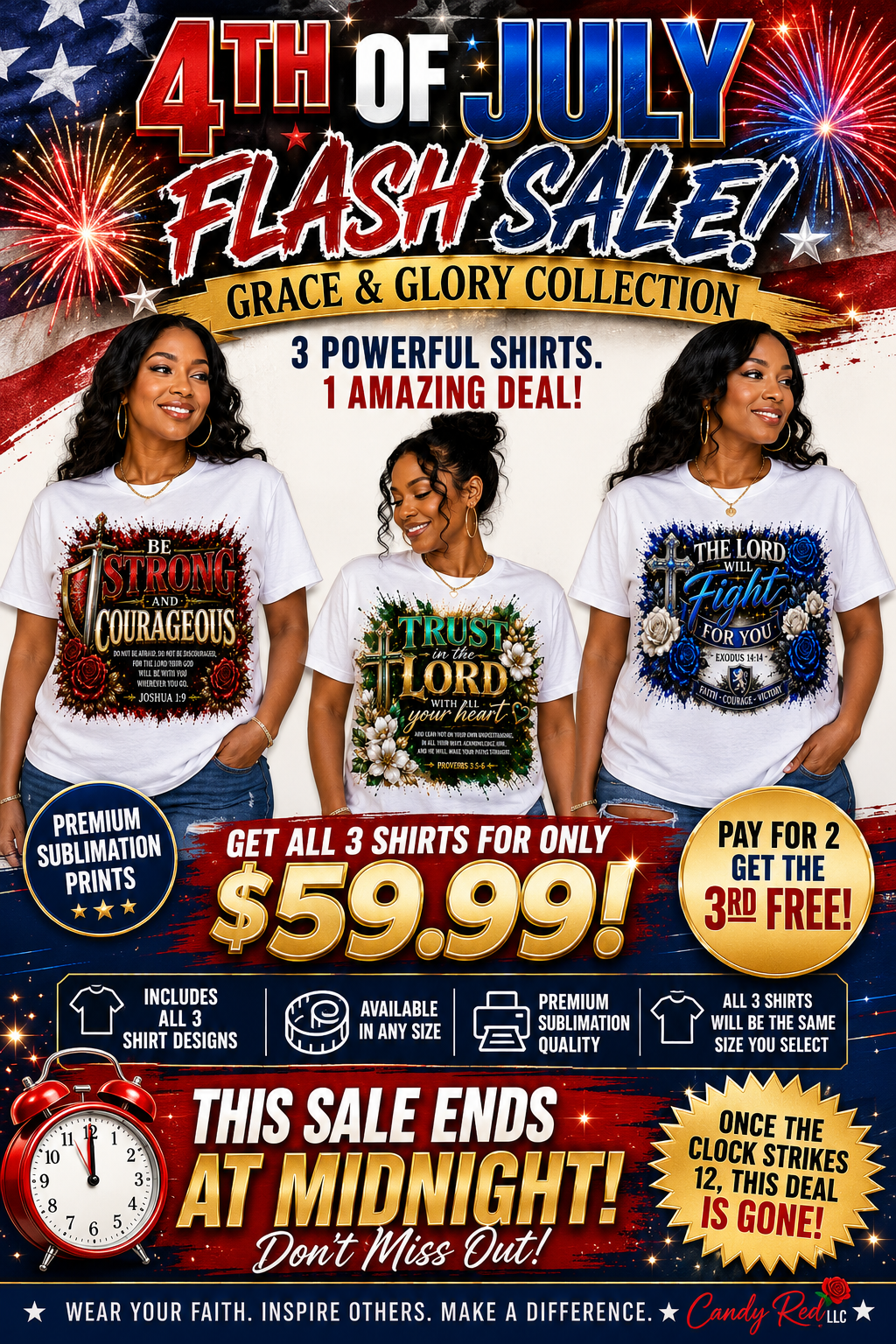 Grace & Glory Collection Bundle | 3 Christian Sublimation T-Shirts | 4th of July Flash Sale