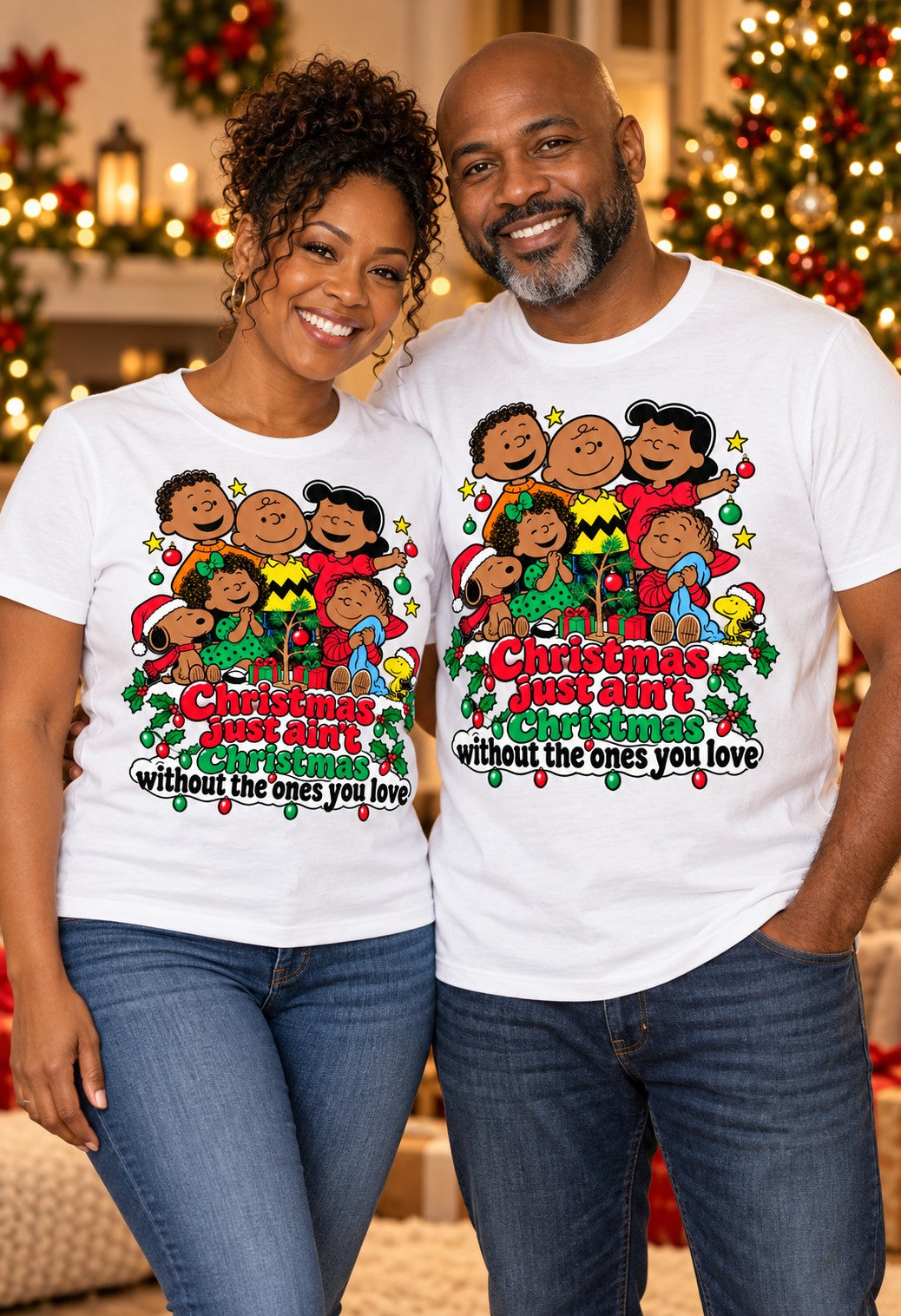 Couple wearing the Christmas Just Ain’t Christmas short sleeve tee in white