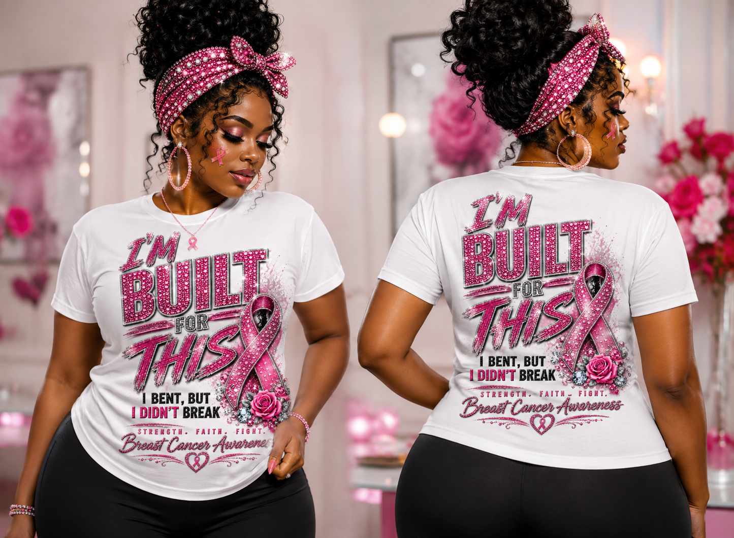I'm Built for This breast cancer awareness shirt shown from the front and back