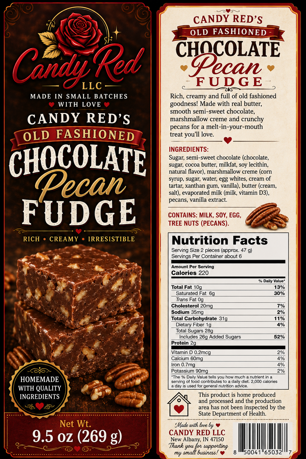 Candy Red’s Old Fashioned Chocolate Pecan Fudge | Rich, Creamy Homemade Fudge (9.5 oz)