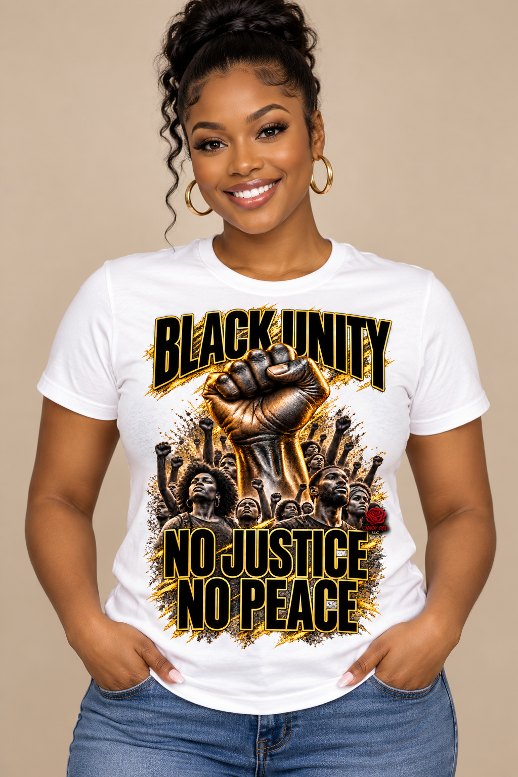 Model wearing Black Unity No Justice No Peace white tee with small Candy Red rose logo