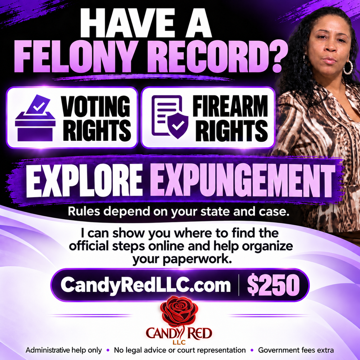 Candy Red LLC expungement process guidance flyer with red rose logo, $250