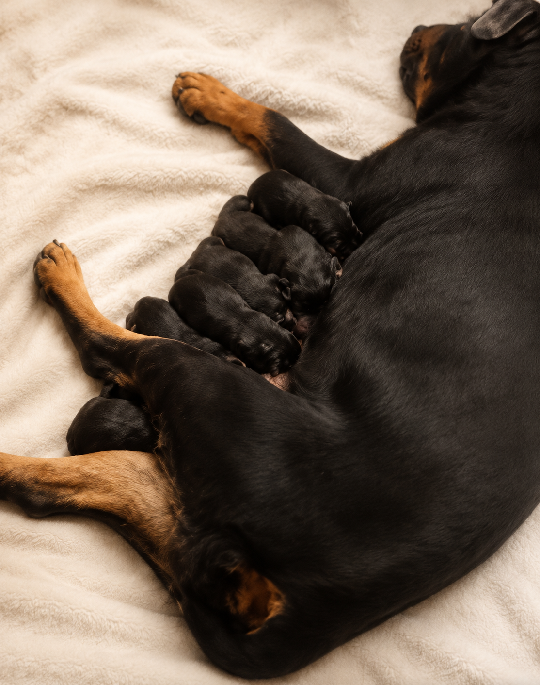 Rottweiler mother nursing her puppies