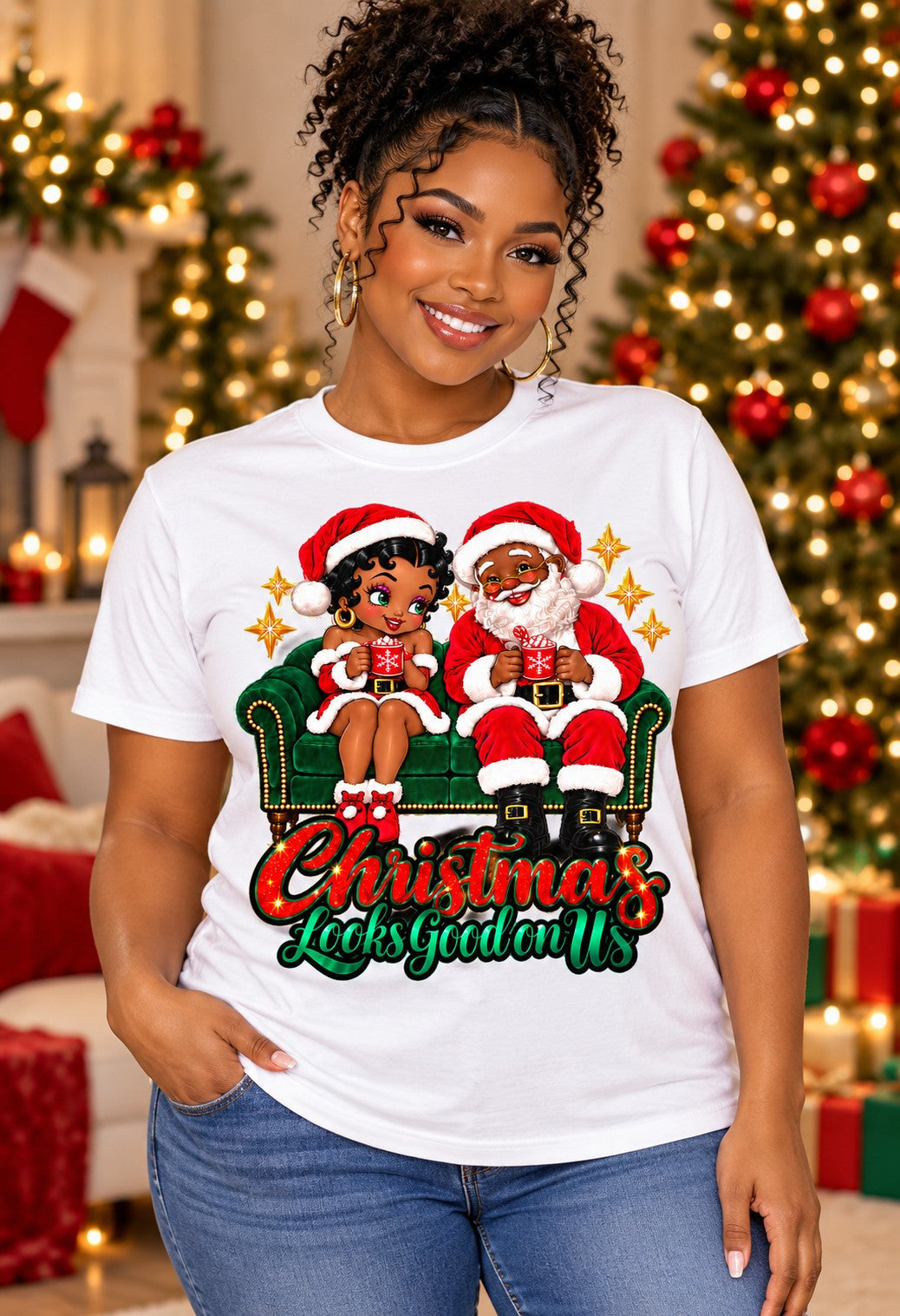 Black woman wearing Christmas Looks Good on Us white short sleeve shirt