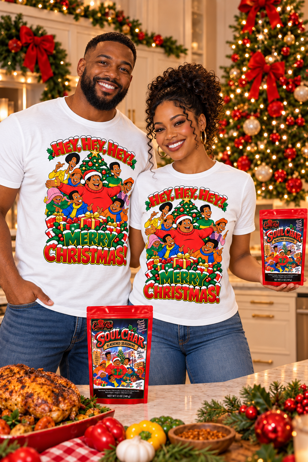 Man and woman wearing Fat Albert and the Gang Christmas tees in a holiday kitchen
