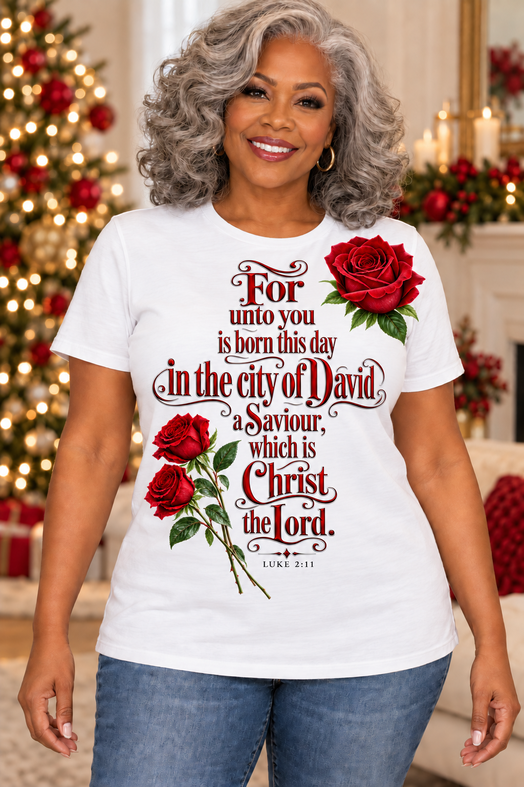 Luke 2:11 red roses Christmas shirt worn by a woman with silver-gray hair
